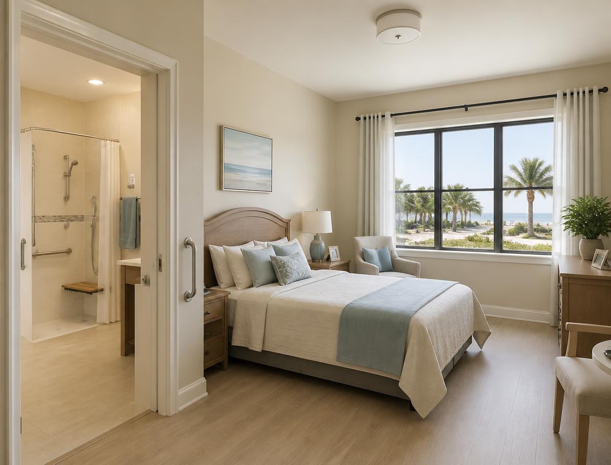 Accessible senior assisted living bedroom with safety features