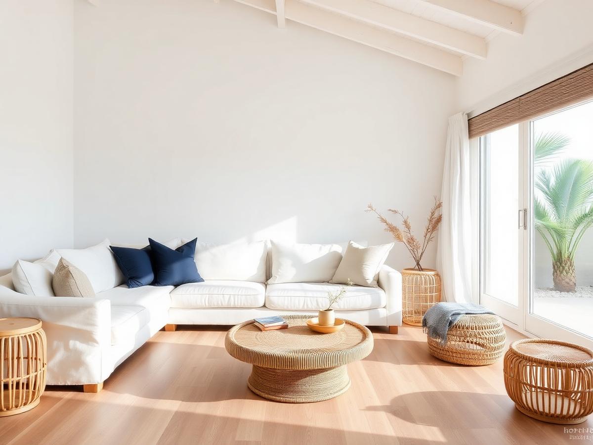 Bright coastal short-term rental living room with rattan accents